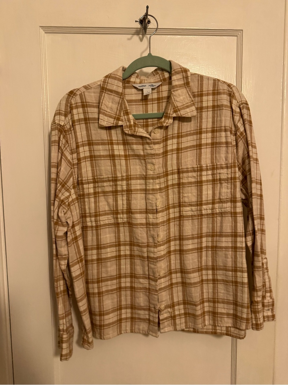 Old Navy Tan and Cream Plaid Boyfriend Shirt